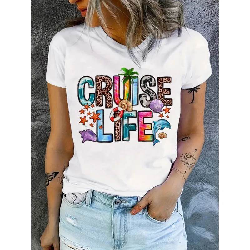 

Cruise Life Letter Printed Round Neck Women's Cotton T-shirt Summer and Spring Short Sleeve Casual Loose Women's Round Neck Top