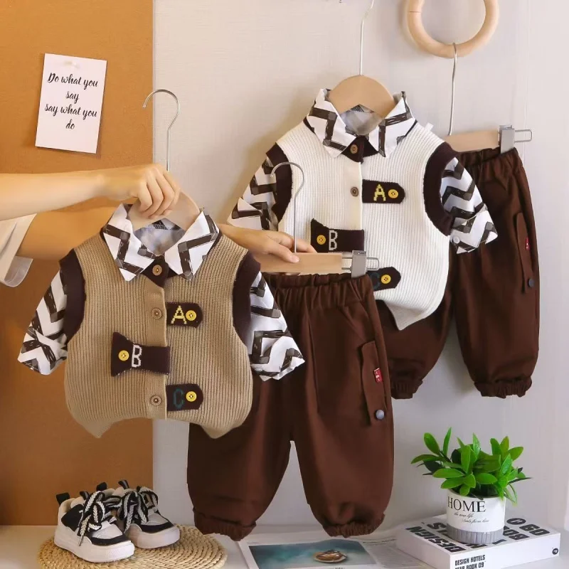 

Boys' Spring and Autumn Clothing Set 2026 New Baby Sweater Stylish Vest Baby 3-Piece Set Children's Clothing