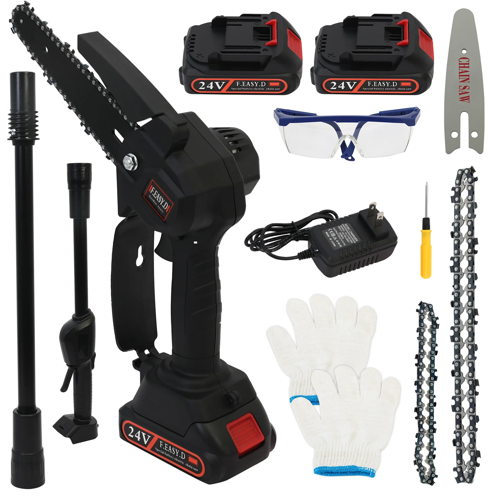 Cordless Pole Saw 2-in-1 Tree Trimmers Wood Cutting 24V Handheld 4-6 Inch Retractable Extension Rod Two Batterie