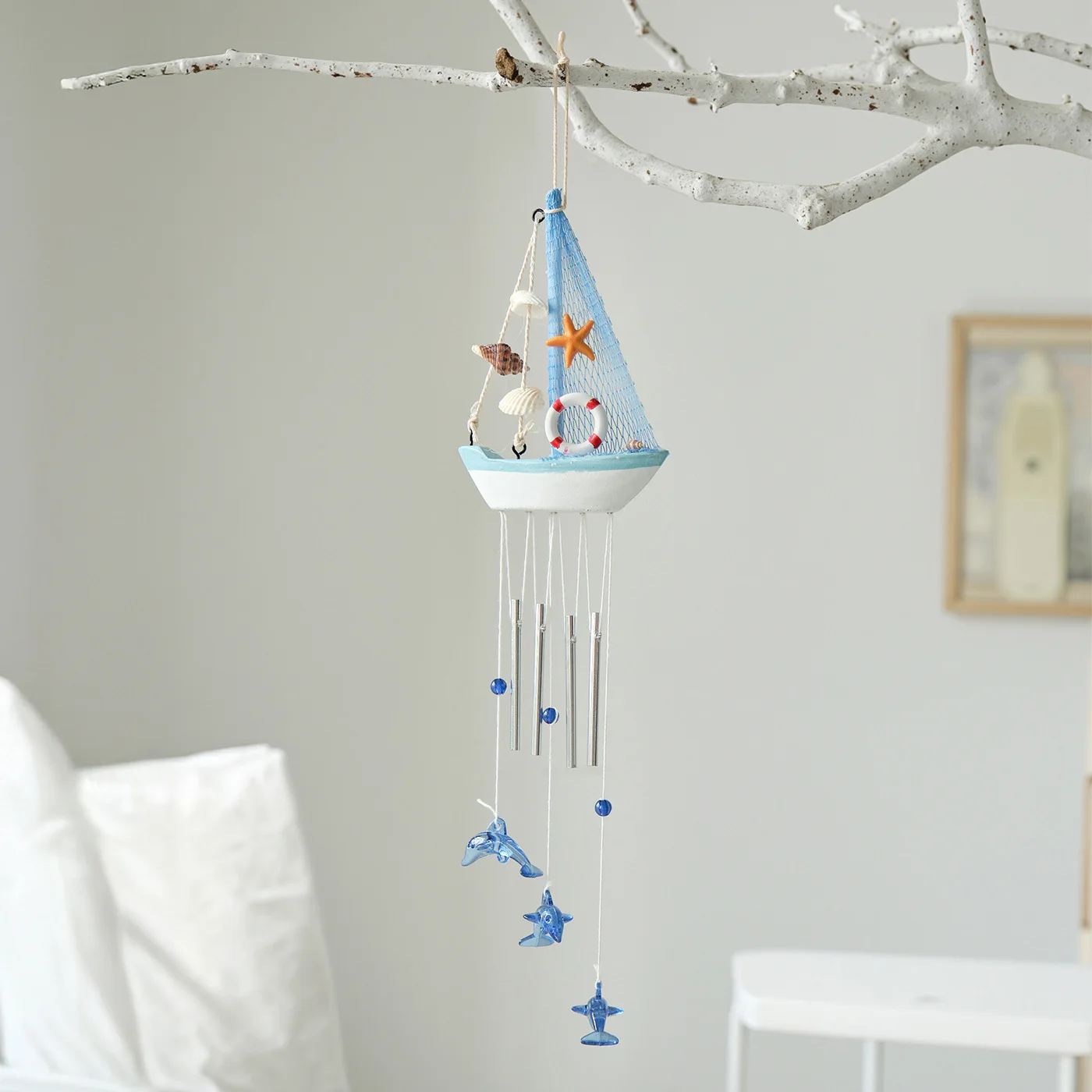 Mediterranean Style Wind Chime Wooden Sailboat Hanging Decor Creative Handmade Home