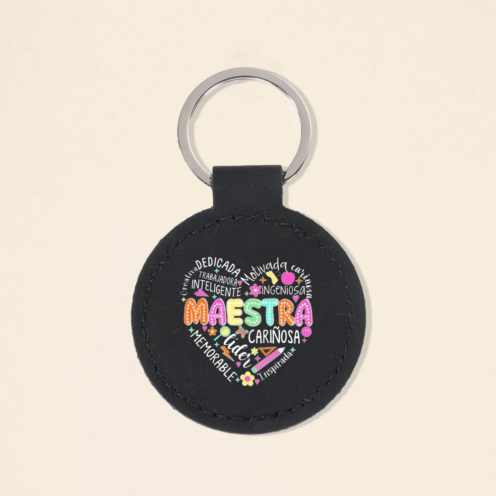 MAESRA Print Key Chain Custom Leather Keychain Keyring Car Key Bags Jewelry Accessories Spanish Teachers Day Best Gifts