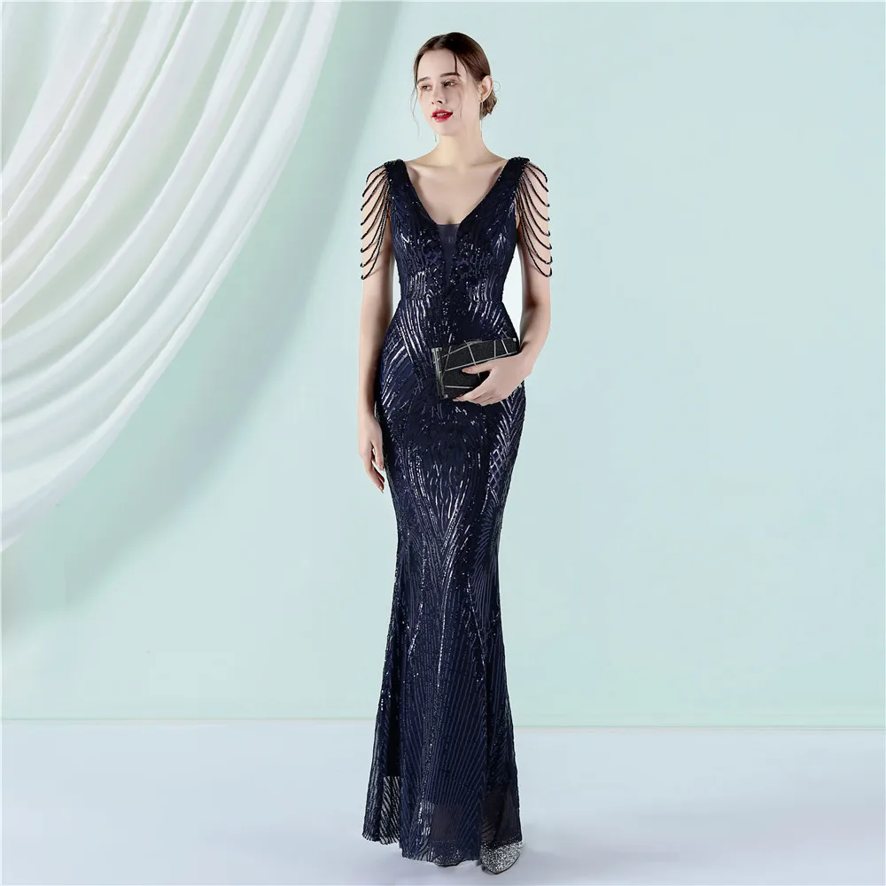 DEERVEADO Elegant V Neck Mermaid Evening Dresses for Women Bodycon Sequins Formal Dress with Beading Long Prom Party Dresses