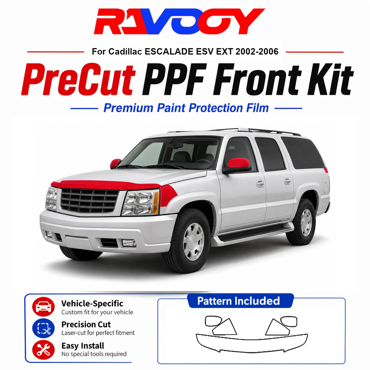 Kit de protection PPF pré-découpé en TPU 8,5 mil pour Cadillac ESCALADE ESV EXT 2002-2006 - Ensemble capot, ailes et rétroviseurs - Film transparent auto-réparant