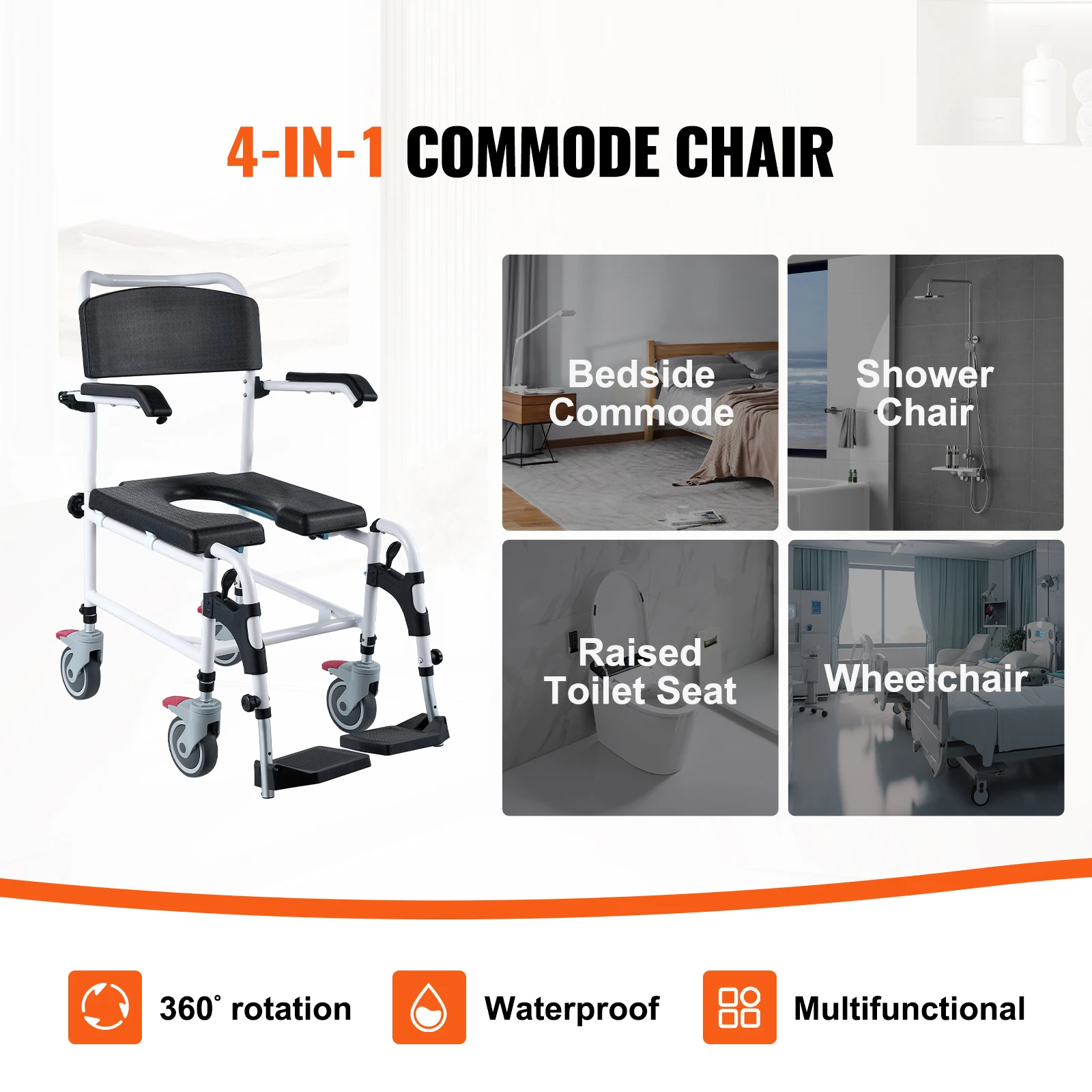 VEVOR Shower Commode Wheelchair with 4 Lockable Wheels Footrests Flip-up Arms 3-Level Adjustable Height 5L Removable Bucket