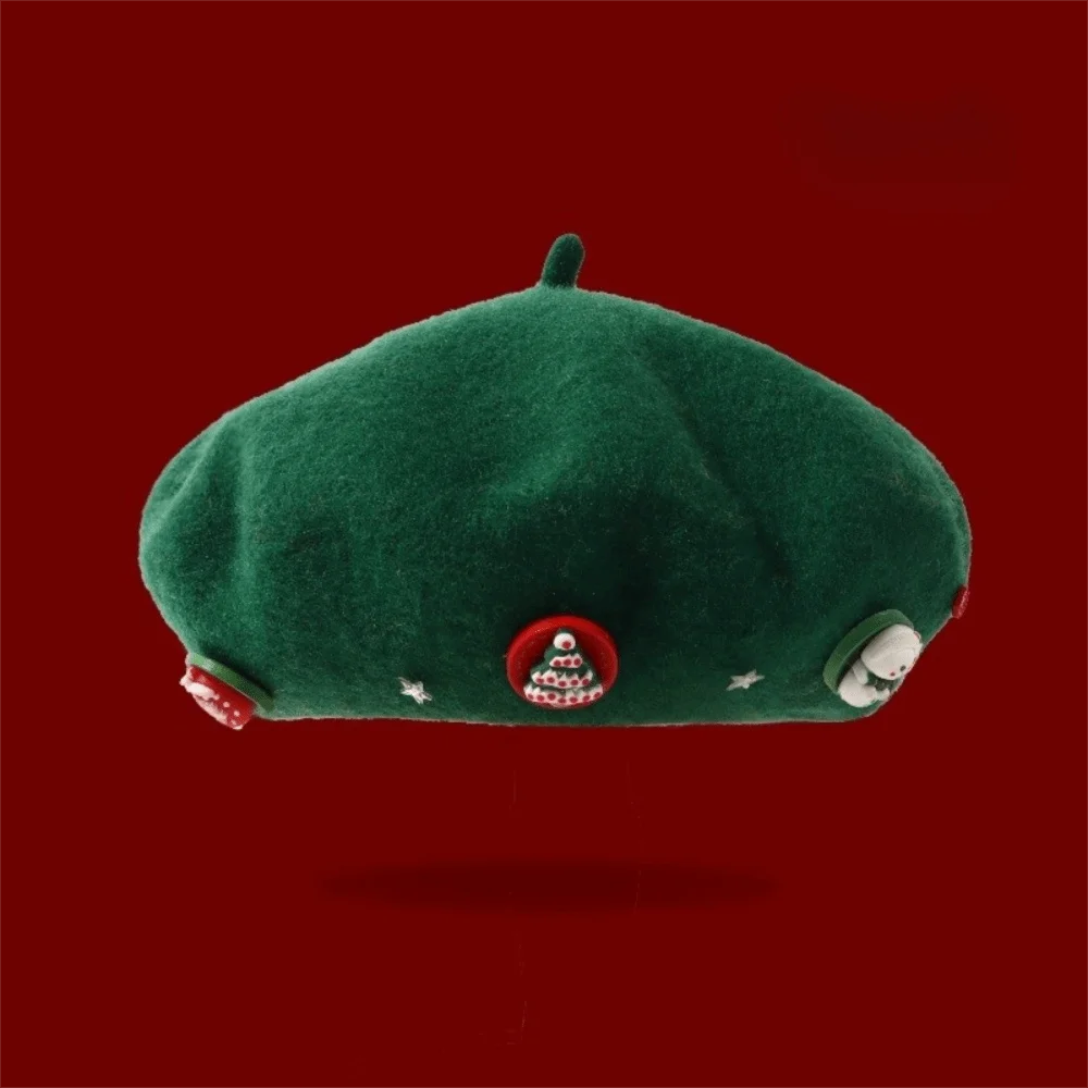 

Artist Hat Woolen Christmas Beret Star Solid Color Octagonal Hat Christmas Tree Korean Style Wool Beret Winter