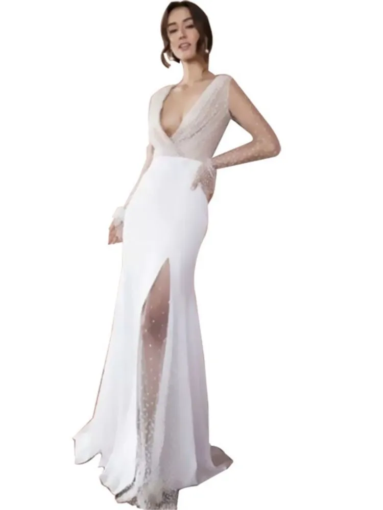 Robe longue en dentelle transparente pour femmes, Sexy, col en v, nouvelle mode d'été, élégante, manches longues, Slim, portefeuille, hanche, robes de soirée de vacances