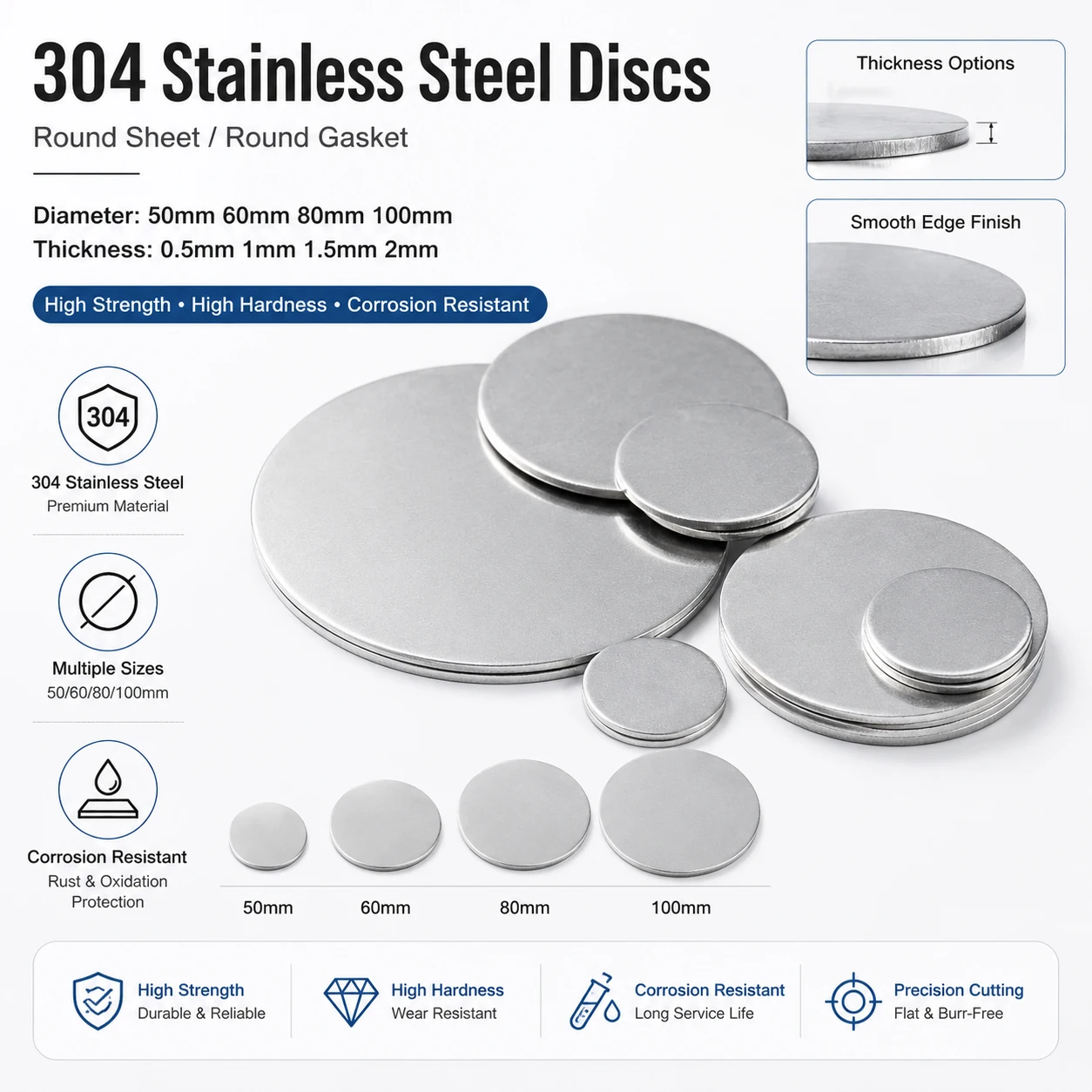 1-10Pcs 304 Stainlesss Steel Solids Disc 50-100mm, 0.5-2mm Thick Corrosion Resistant Round Plate Flat Washer Gasket