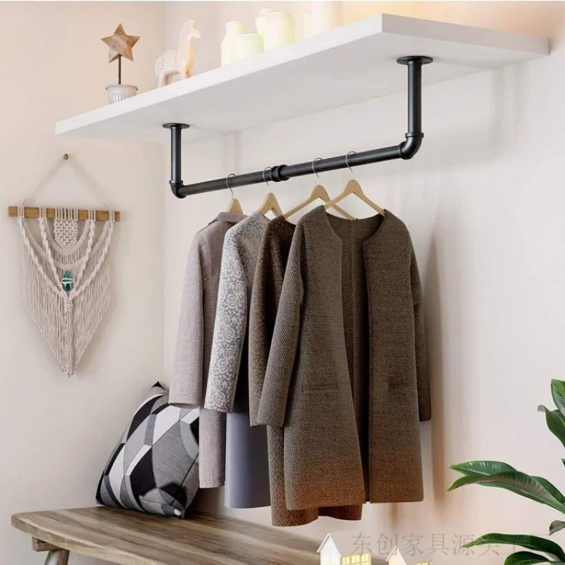 Industrial pipe clothing display rack, heavy-duty wall mounted iron clothes rack, clothing wall storage rack