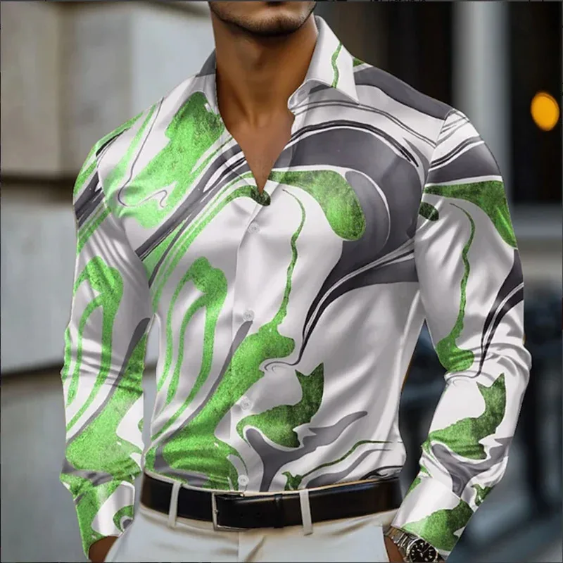 Camicia da uomo alla moda Top a maniche lunghe stampato con catena 3D a righe casual Top da uomo di alta qualità
