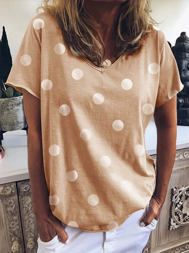 تي شيرت نسائي فضفاض بنقشة البولكا دوت وأكمام قصيرة، تصميم عصري برقبة مستديرة وطباعة، قميص صيفي كاجوال بمقاسات كبيرة وأكمام نصفية