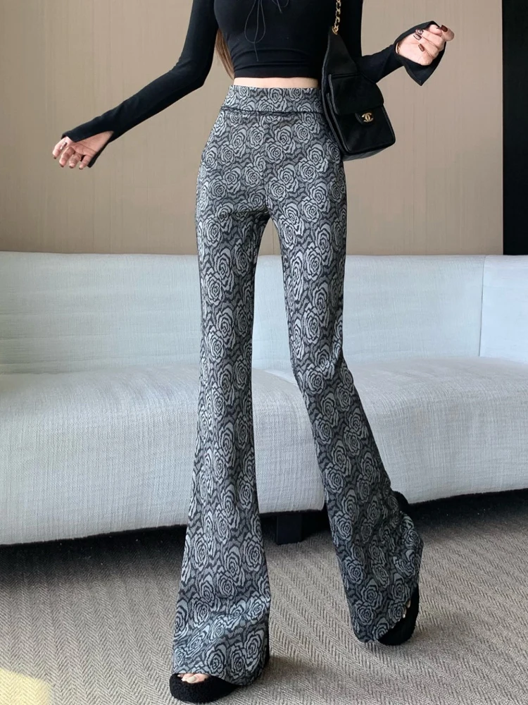 

Женские осенние модные повседневные брюки с высокой талией и принтом, нишевый дизайн, облегающие брюки в пол, расклешенные брюки в стиле ретро