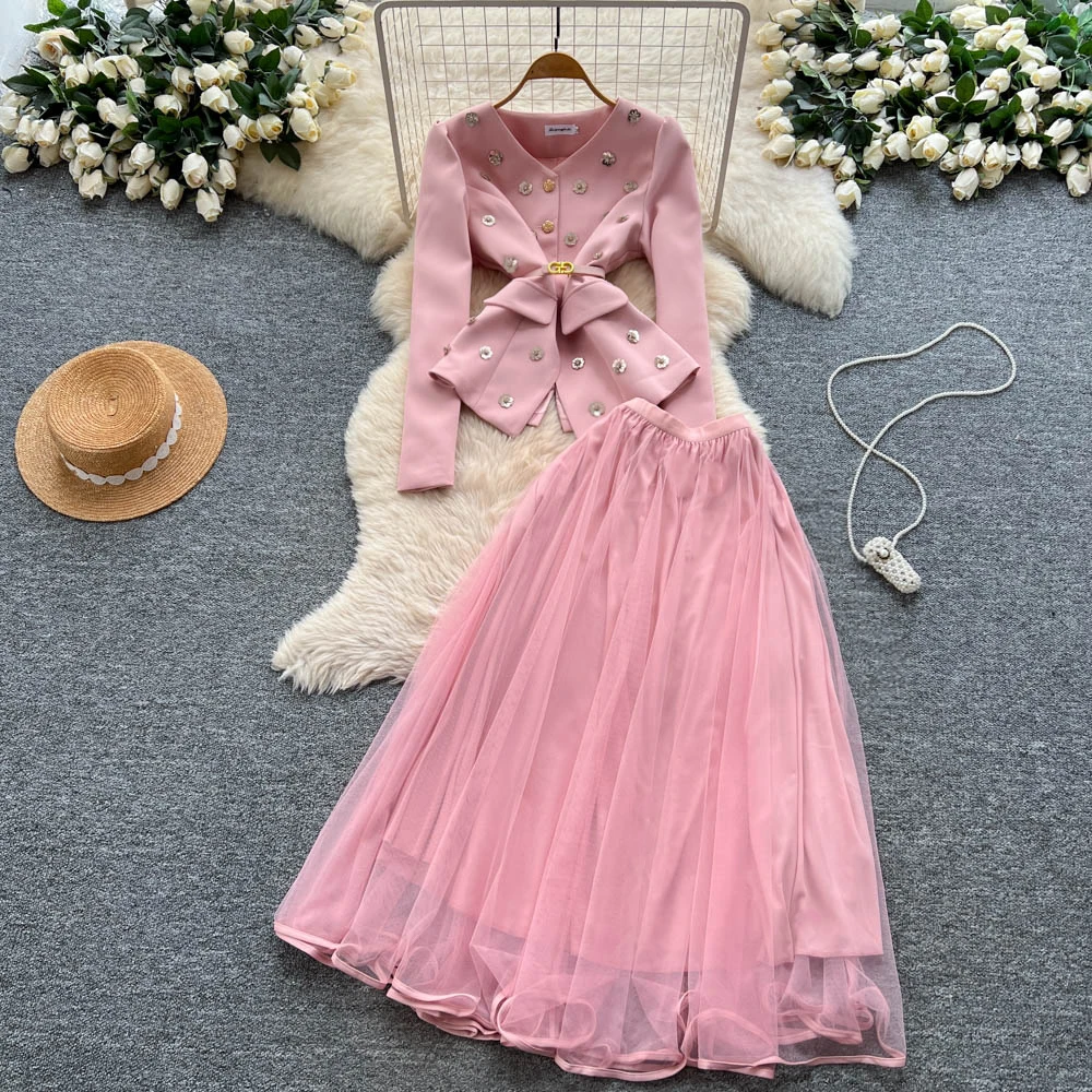 

Chic Vintage sequin mesh Elegant High Waist Korean Fashion Vestidos Two Piece Set women clothing