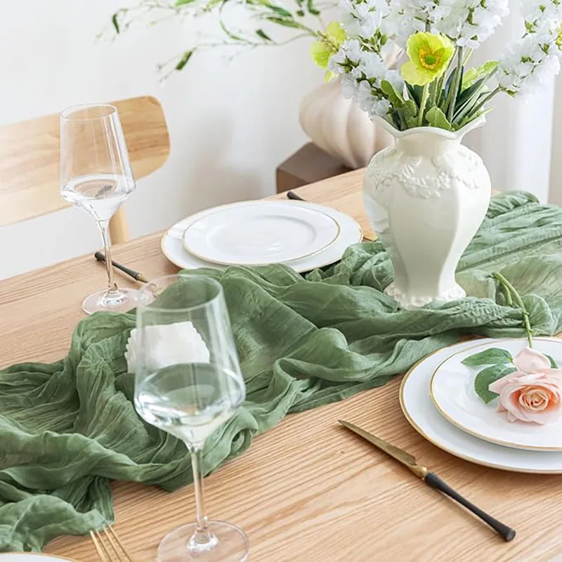 6pcs Sage Green Gauze Table Runner Decoration  Rustic Country Boho Beach Wedding Party  Christmas Thanksgiving Day Decor