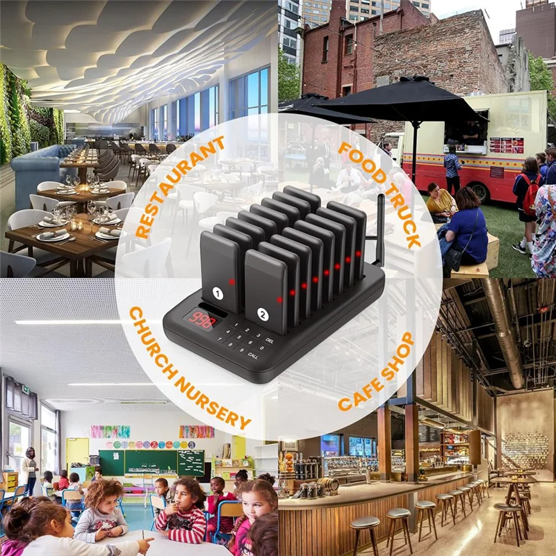 Restaurant Pager System, Black Plastic Buzzers Vibration Flashing Customer Service,US Plug