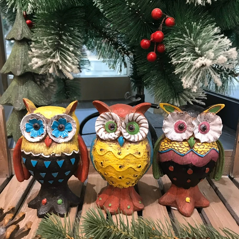 Home Decoration Lovely Owl Painted Animal Resin Miniature Sculpture Craft Fairy Garden Decoration Birthday Gift