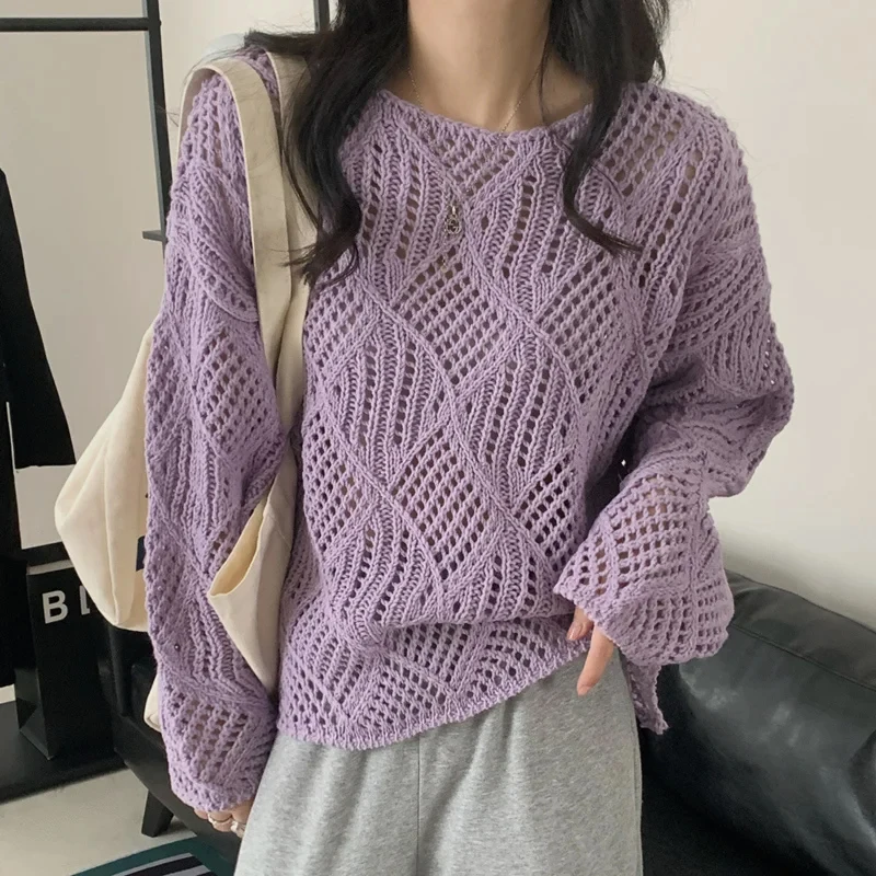 HELIAR Women Hollow Out Sweater Knitted O-Neck Loose Long Sleeve Pullovers Sexy Tops Casual Shirts For Women 2024 Spring