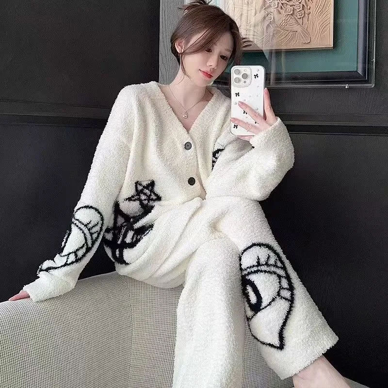 

Осенне-зимний кардиган, пижамный комплект, женский комплект с v-образным вырезом, полуфлисовая теплая и стильная свободная повседневная домашняя одежда, утолщенная