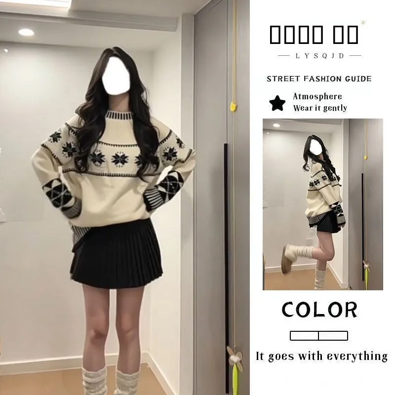 

Women's Loose Knitted Sweater Pure Acrylic Polar Fce Autumn Winter New Sle Couple's Flower Patterned Top Warm Long Sve