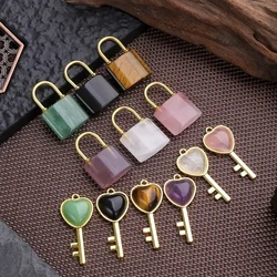 1 Set Natural Crystal Couple Lock Necklace Pendant Set Heart Shaped Key Piece Pink Crystal Amethyst Tiger Eye Stone Lock