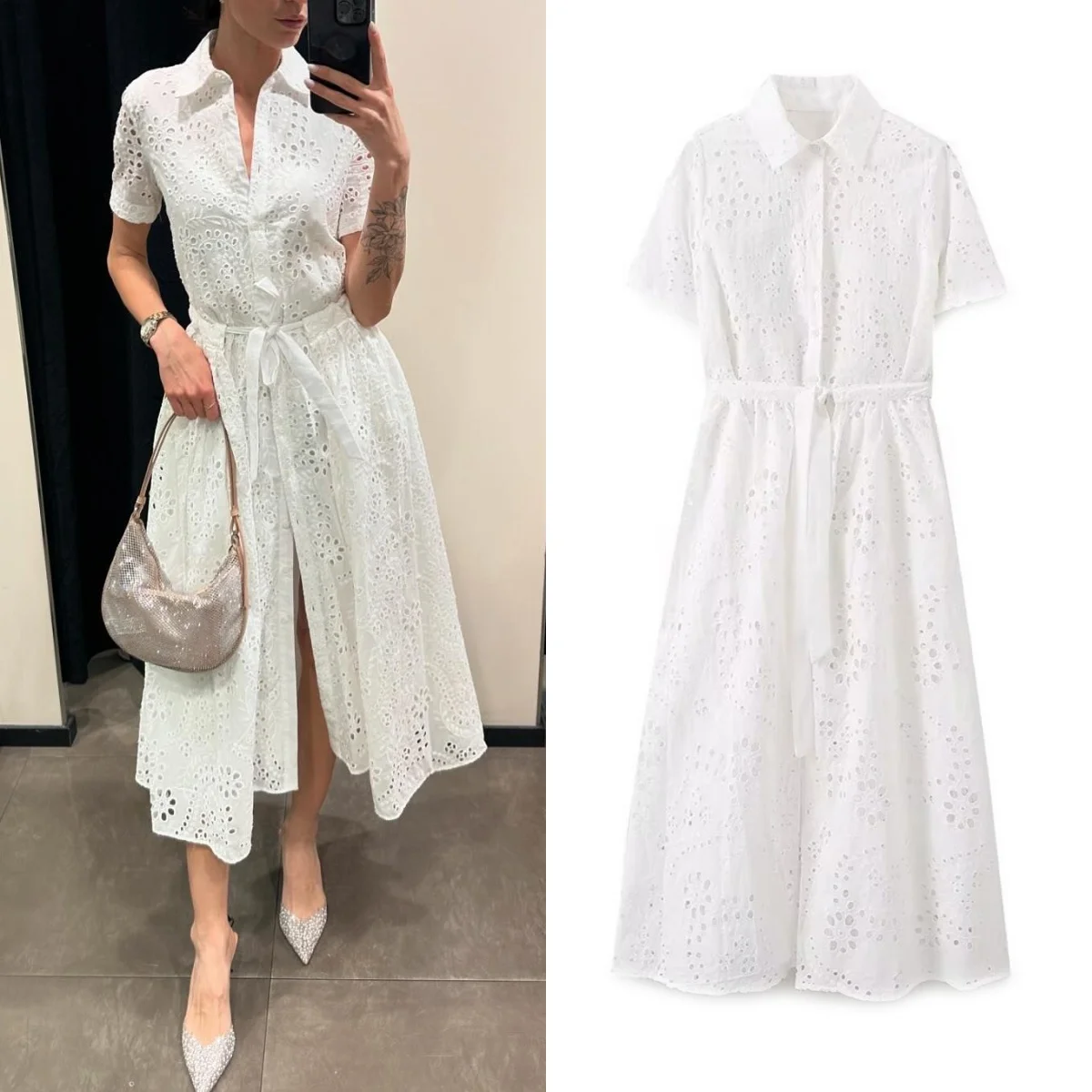 Elegant Embroidered Hollow White Dress Women\'s Chic Lapel Long Sleeve High Waist Strappy Maxi Dress Fashion 2024