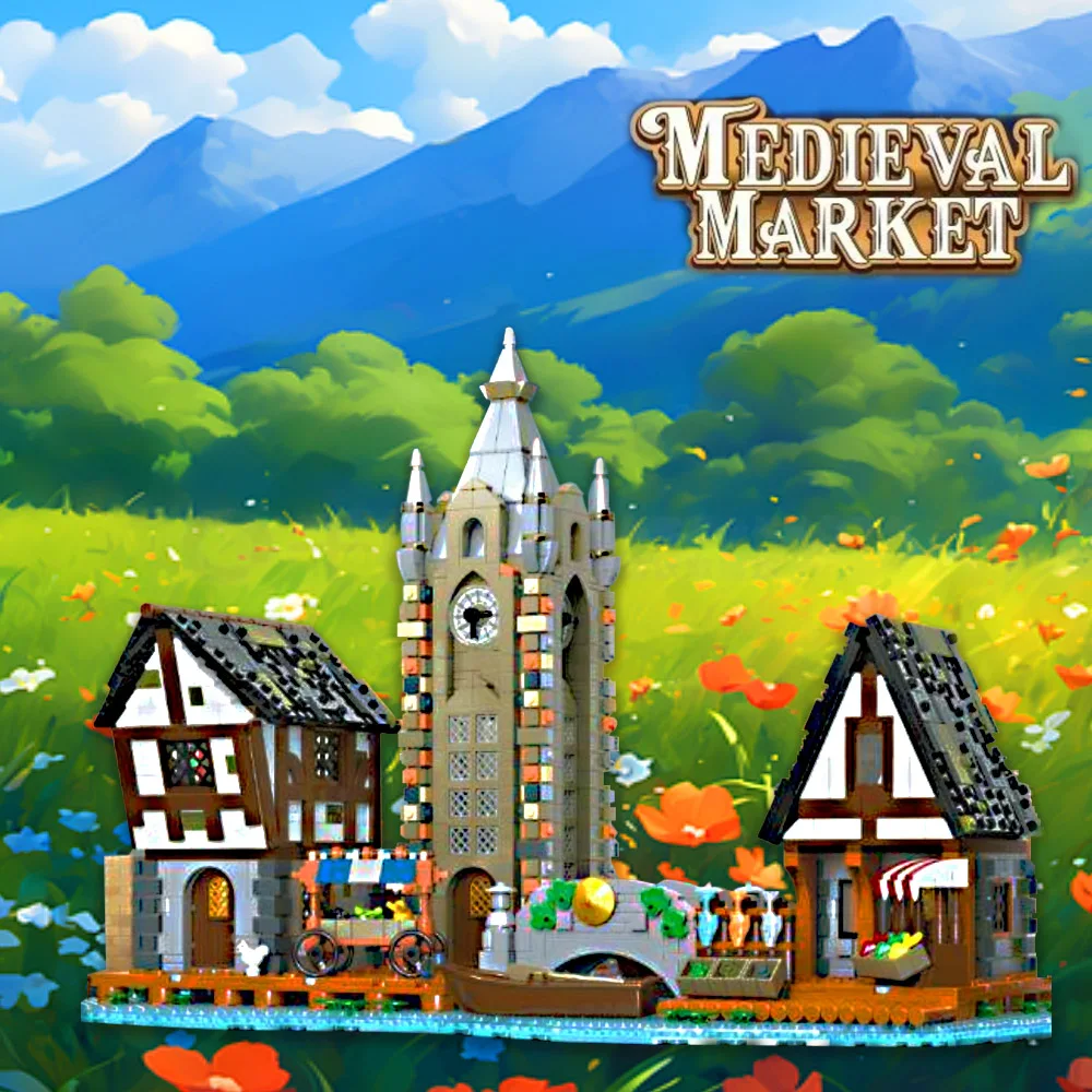 

Creative Expert Ancient trading Medieval Market street view with light Moc building Block model toy gift 3335pcs Set 89150