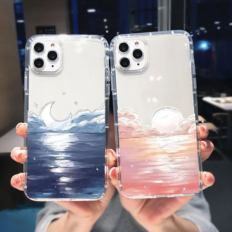 Pink Sun Moon Cloudy Couple Phone Case For iPhone 14 13 Pro Max 15 11 12Mini XS X XR SE20 7 8Plus Pattern Clear Soft Cover Coque