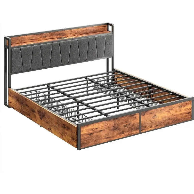 ZHENXIANG King Bed Frame with 4 Storage Drawers, Platform Bed with Charged Headboard, Sturdy and Stable, No Noise, No Box Spring