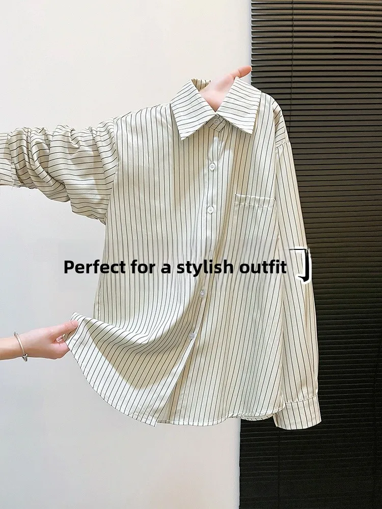 

Retro Hong Kong Style Striped Shirt Women's Spring Office Commute Top Layering Suit Inner Base Shirt Autumn Winter