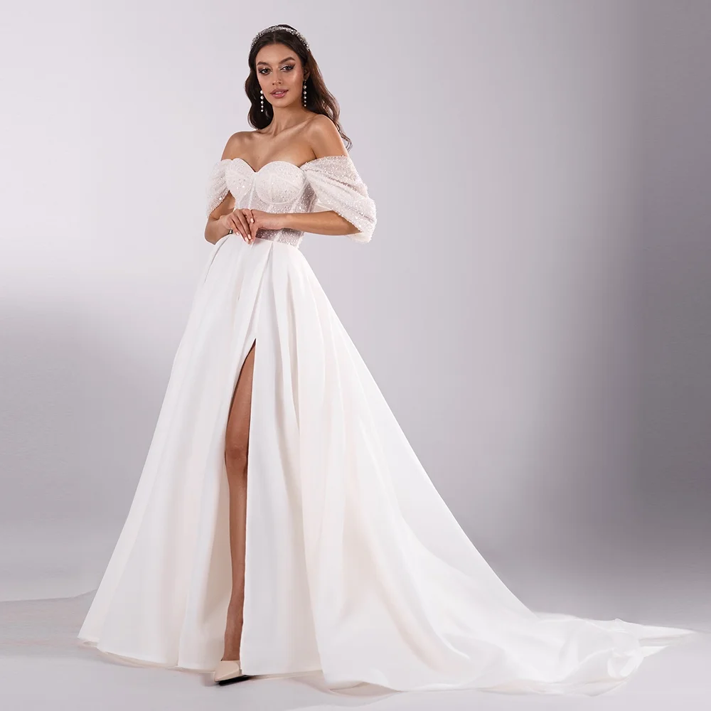 

Customized Stunning Sweetheart Collar Sequins Corset Wedding Party Gown Lace up Court Bridal Dress Side Slit