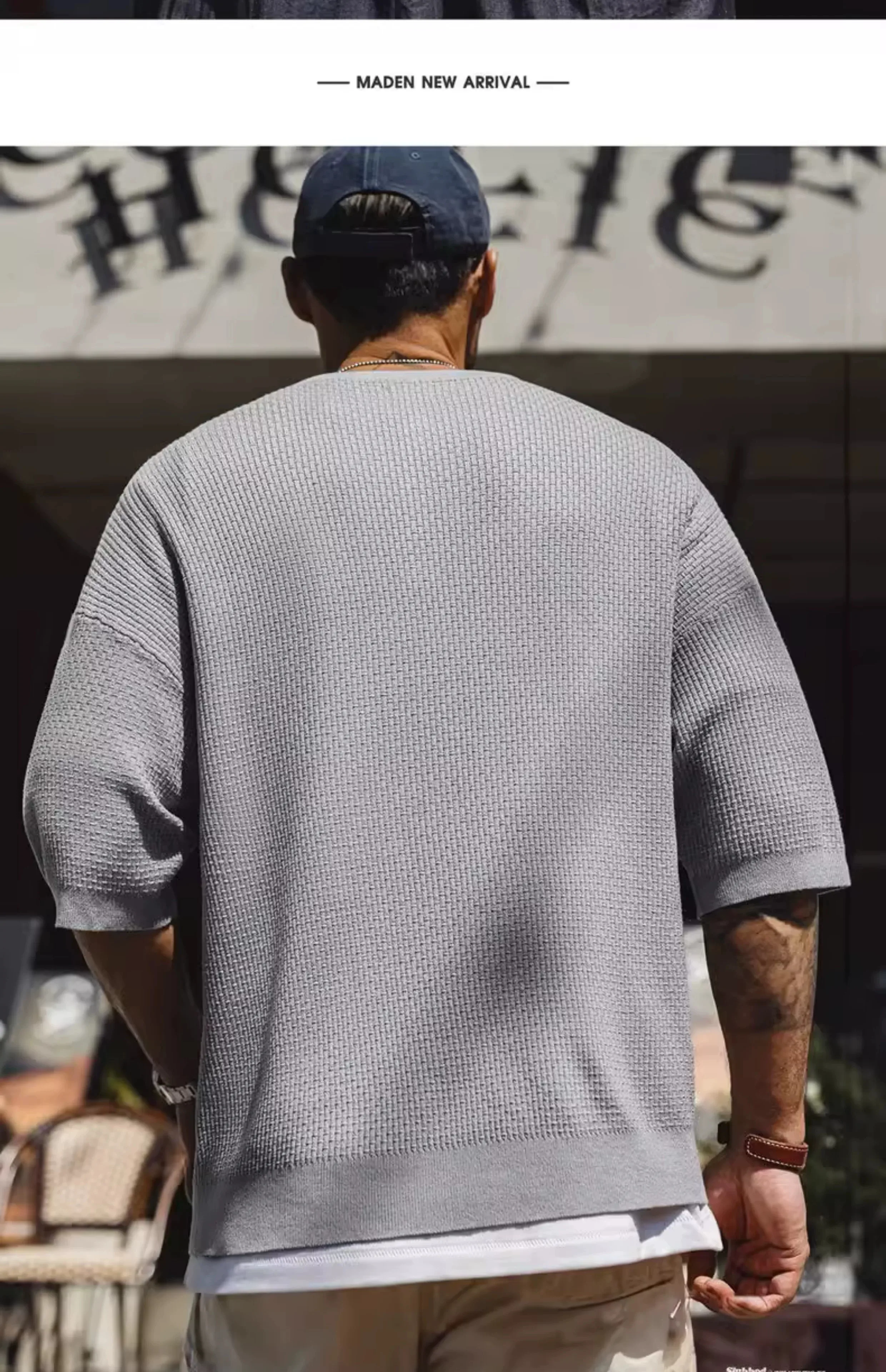 American Bamboo Patterned Henry Shirt Short Sleeved Drape Knit Gray Loose Half Sleeved T-shirt Men's Summer