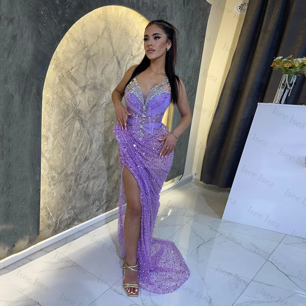 

Fashionable Crystals Prom Dresses for Women Sequin Mermaid Side Split Pleat Strapless Evening Gown Vestidos De Gala Customized