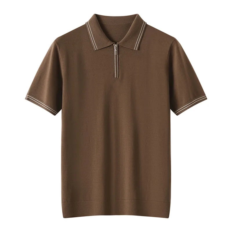 100% Merino Wool Men's Zipper T-shirt Pullover Polo-neck Short Sleeve Sweater Smart Casual Tops Basic Fine-spun Wool Knitwear