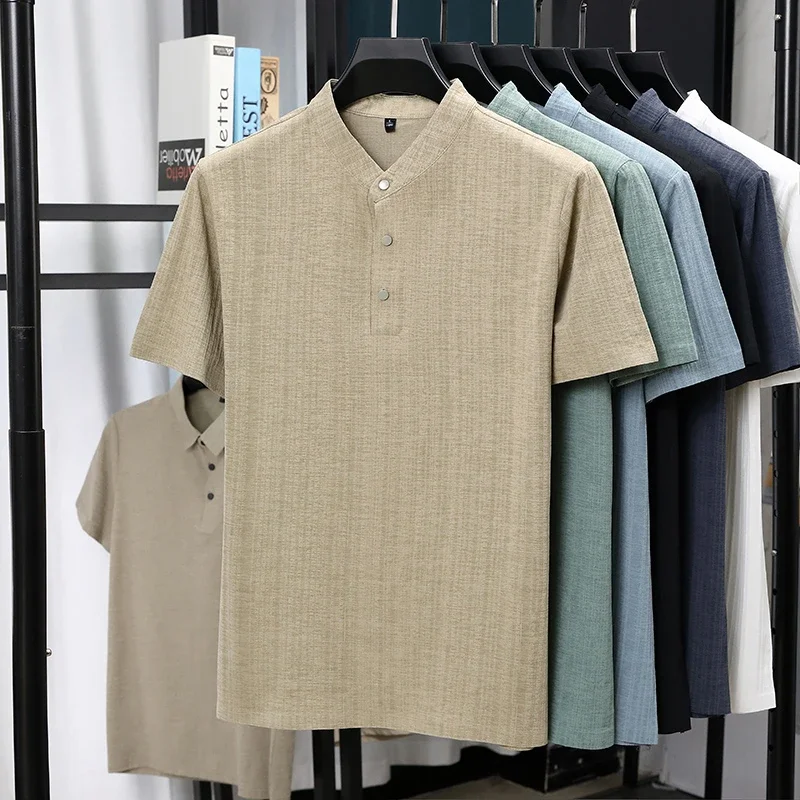 Mens Mandarin Collar Half Placket Linen Textured Short Sleeve Shirts Casual Tops Wrinkle Resistant Breathable Summer Wear view 3