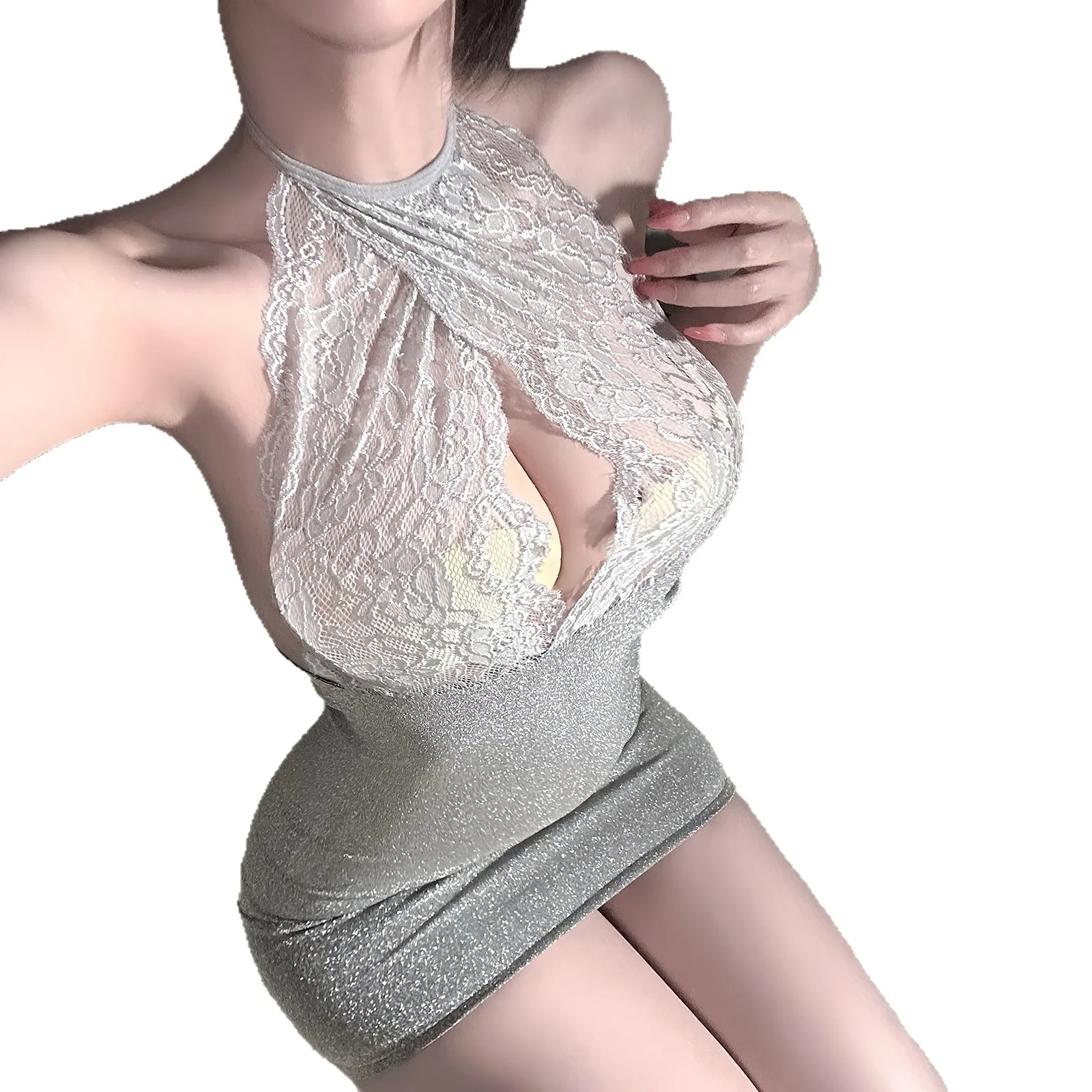 فستان ساخن دانتيل رقبة معلقة دانتيل كاشف الثدي عميق على شكل حرف V تنورة الورك فستان سهرة أنيق ملابس امرأة فساتين الشباب