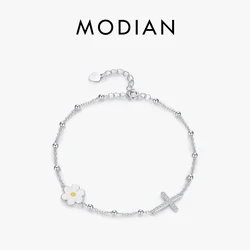 MODIAN Enamel Daisy Bracelet 925 Sterling Silver Charm Cross & Flower CZ Beads Delicate Bracelets For Women Fine Jewelry