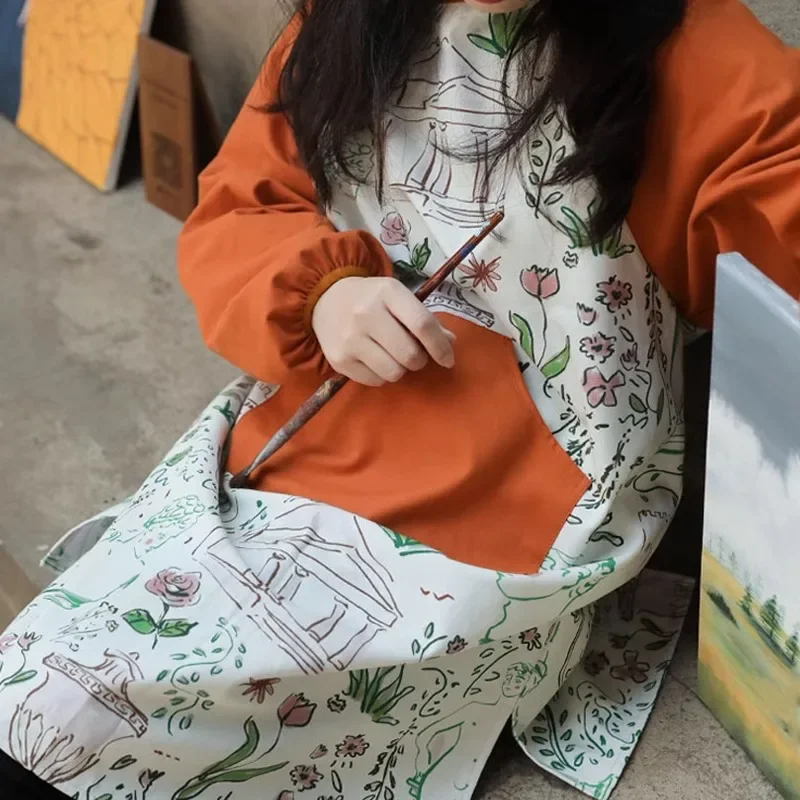 Water-resistant Studio Long Sleeves Painting Overall for Art Students Anti-dirty Cotton Kitchen Apron Smock Work Clothes