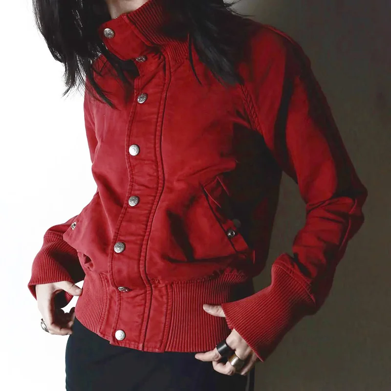 Veste courte décontractée à manches longues pour moto, Style de rue américain, col montant personnalisé, épissure de fermeture éclair