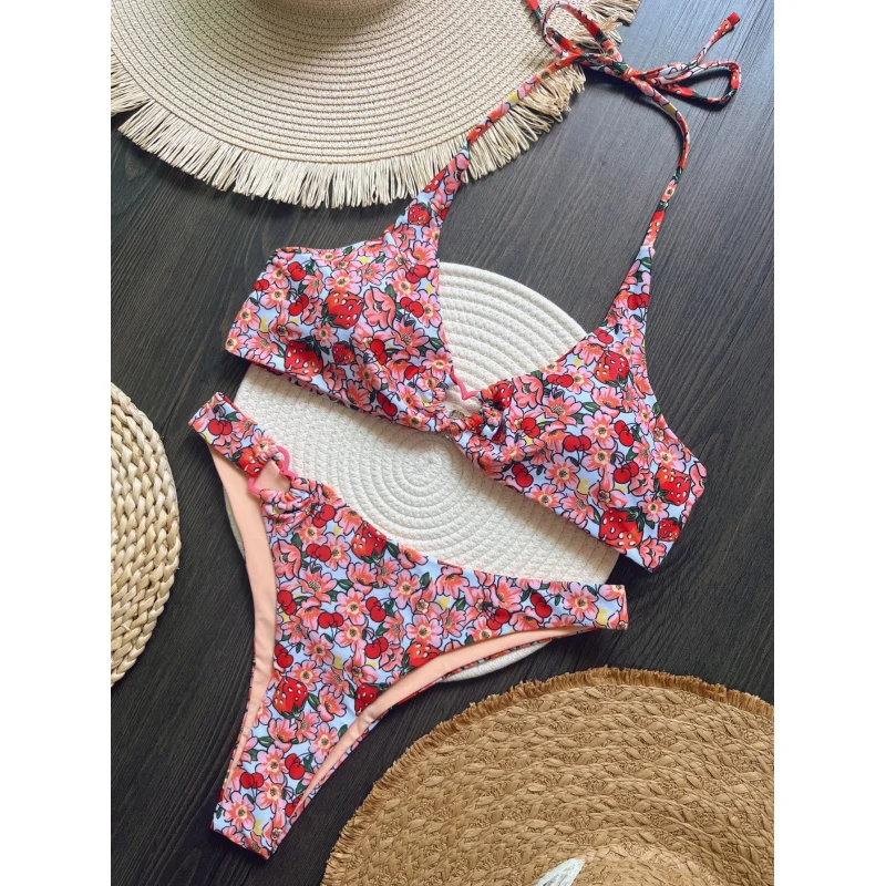 

2025Popular Love Strawberry Printed Bikini Suit Lace-up Fashionbiquini