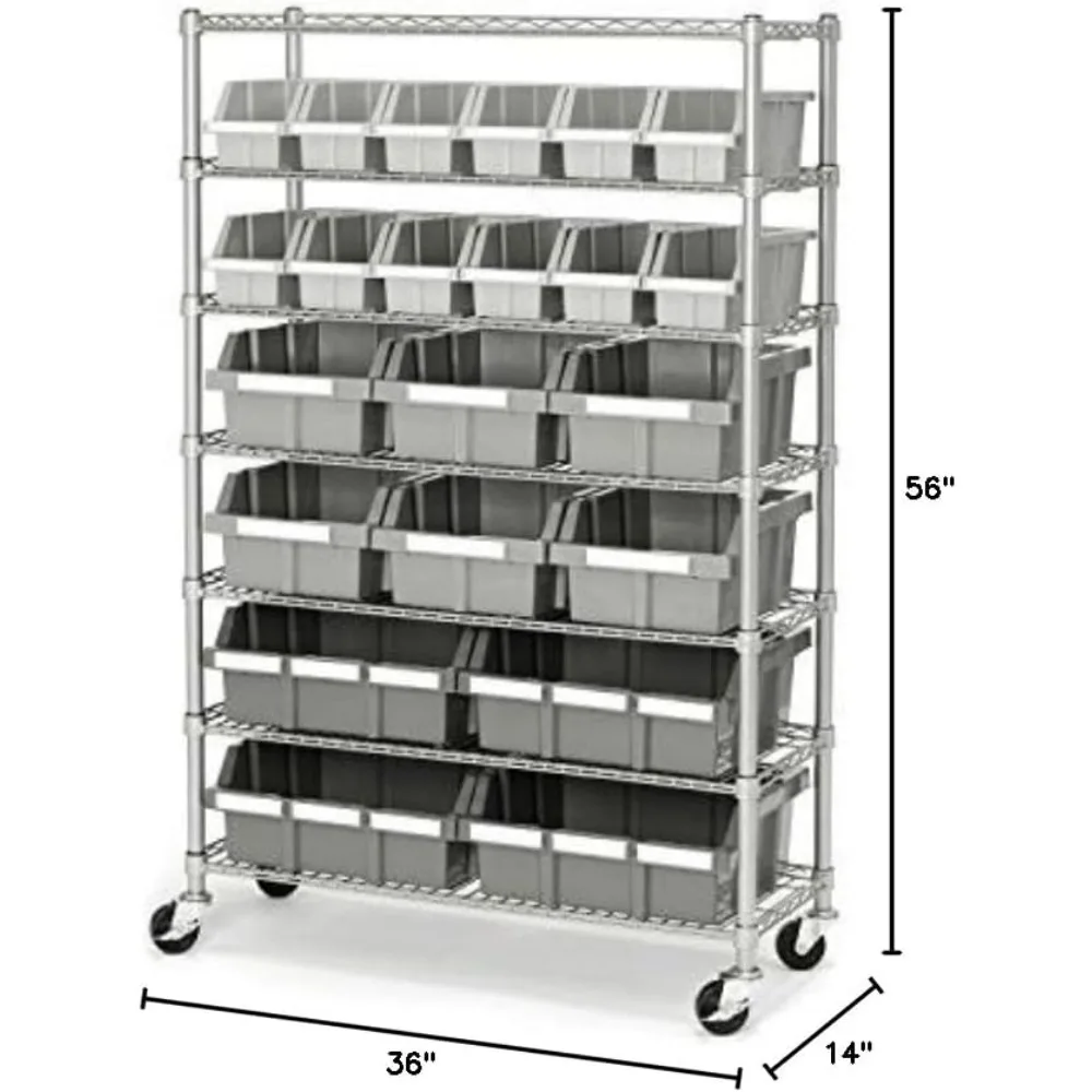 Commercial 7-Tier Platinum/Gray Rack Storage System, Slide, Wheels, High capacity shelves, Polypropylene (PP).