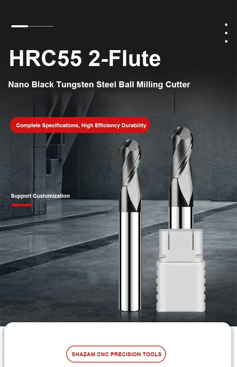 Shazam hrc55 2-Flöten-Kugelfräser Wolfram stahl karbid schwarz Nano-Beschichtung fräser cnc mechanische Bearbeitung Schaft fräser – Detail 1