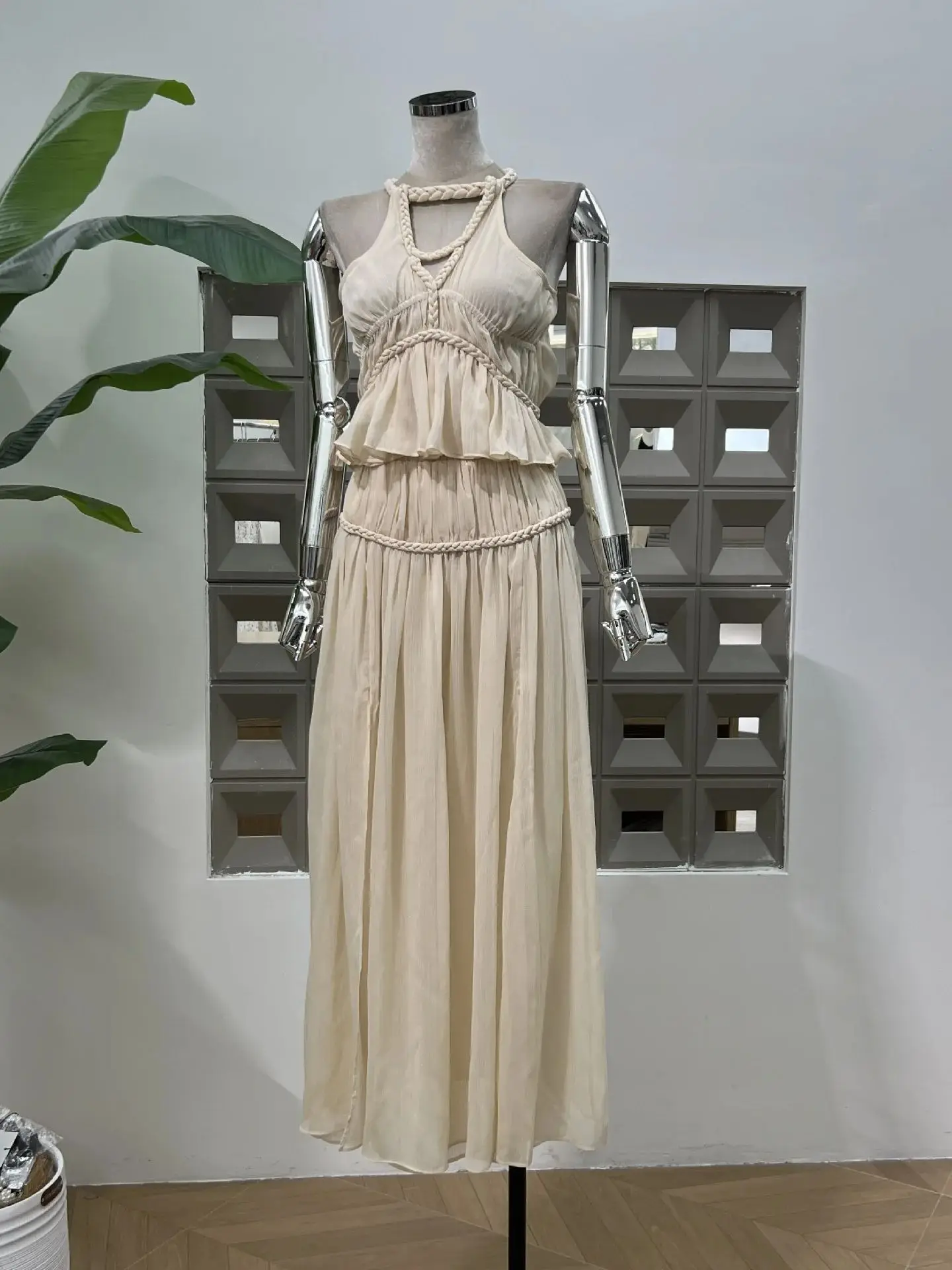 

Autumn Women Dresses Fashion Chiffon Pleated Vest Cable Knit High Slit Skirt Two-Piece Set Luxury Party Ball Formal Evening Gown