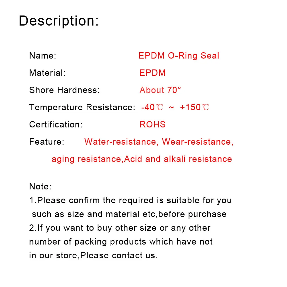 EPDM Rubber O Ring Seal Thickness CS 1.5mm Rings Gasket Resist Acid / Alkali / Aging / Ozone / Insulation Ect.