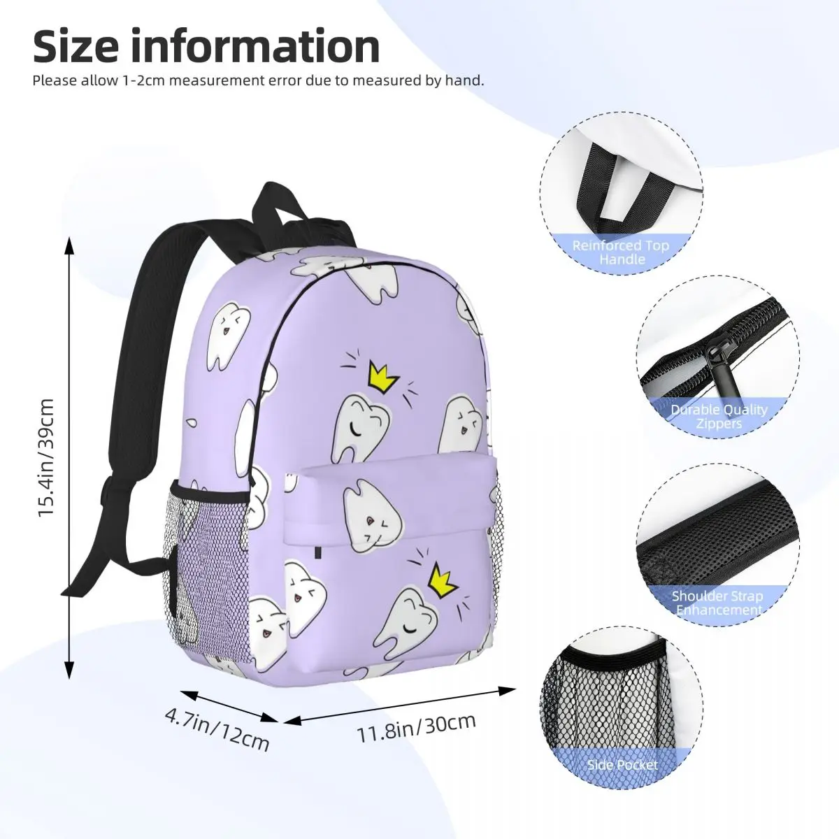 Tooth Dentist Nursery Print Violet Backpacks Boys Girls Bookbag Children School Bags Laptop Rucksack Shoulder Bag Large Capacity