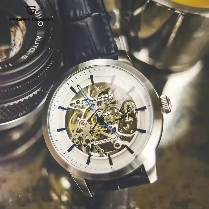 PAGANI DESIGN PD‑1638 Men Automatic Skeleton Watch 43MM G3265Z Movement Hardlex Glass Genuine Blue Leather Band Hollow Mechanica