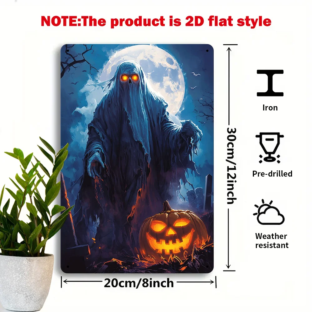 2D Flat, 2D Flat 1pc, Eerie Wraith Iron Metal Decorative Sign, 20.32x30.48 cm Vintage Aesthetics, Dark Horror Style, Suitable fo
