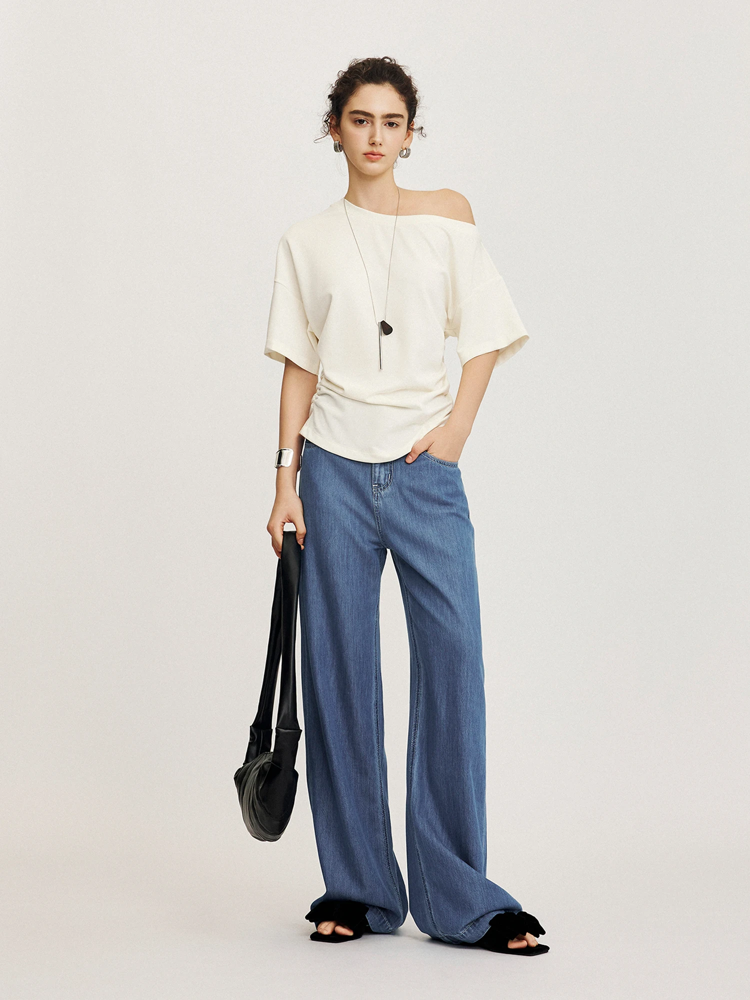 

CLMX Commute Pure Color oulder Bared mid Sve Knitted Soft Fabric Waist in T-irt Women's Faion Autumn Season Regular Fit