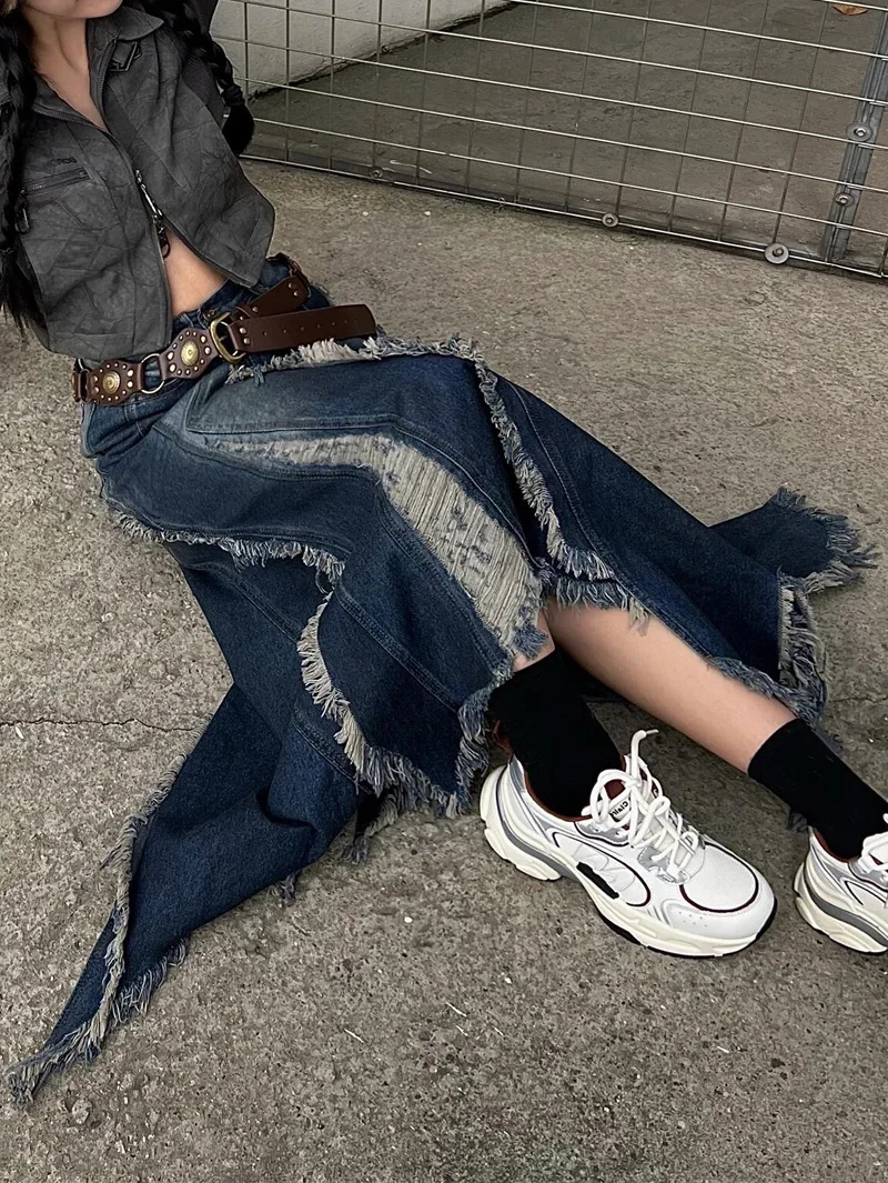 Women Vintage Skirts Denim Long Skirt Harajuku Y2k 2000s 90s Aesthetic Streetwear Fashion Korean Style A-Line Jean Skirt Clothes