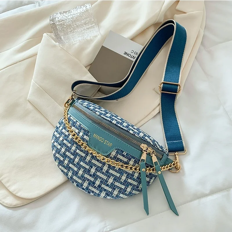 Women\'s 2023 Summer New Woven Bag Fashion Chest Bag Crossbody Bag Chain Fashion Small Waist Bag hot new