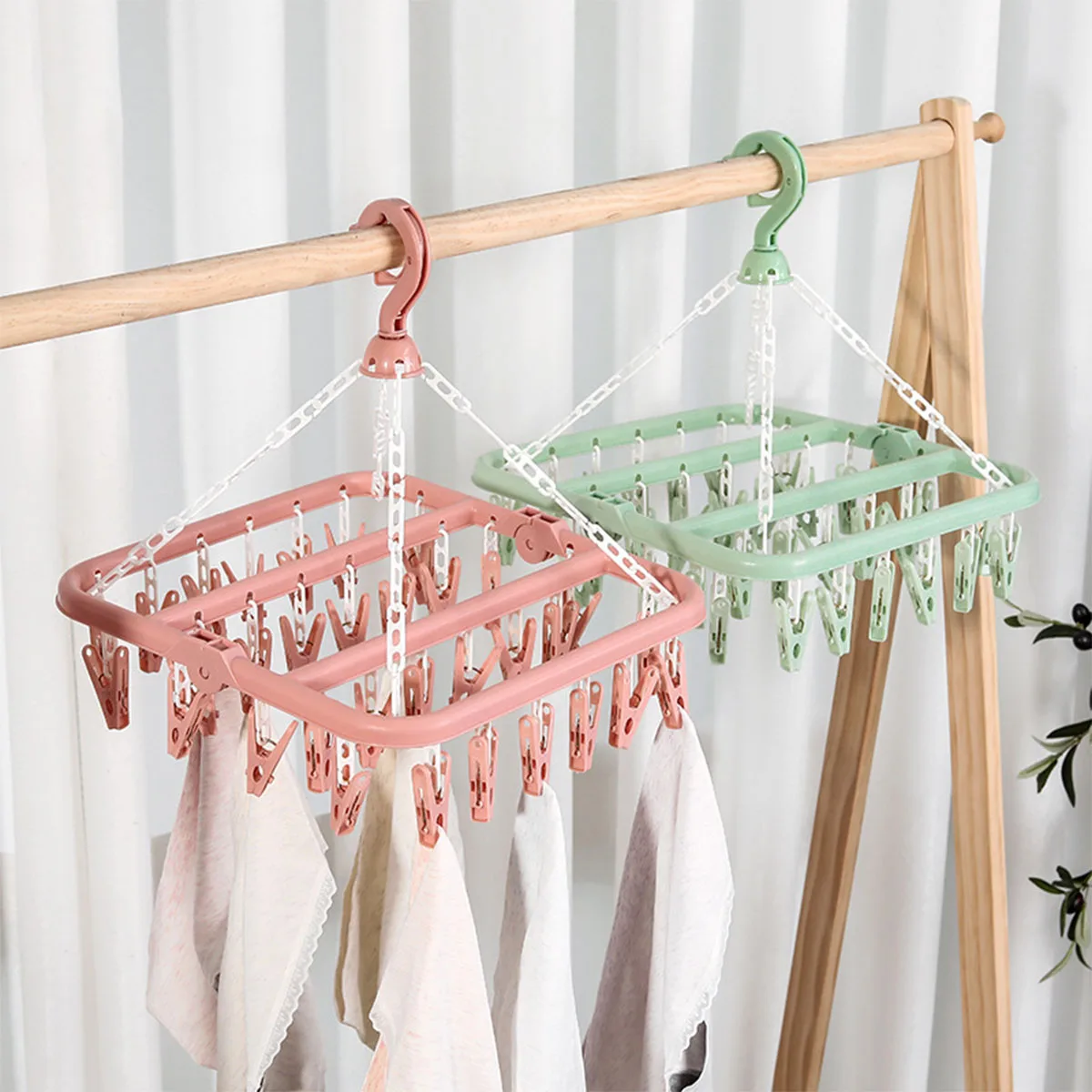 32pcs Clothes Horse Windproof Clothes Hanger Underwear Drying Folding Laundry Hanging Rack Multifunctional Clothes Organizer