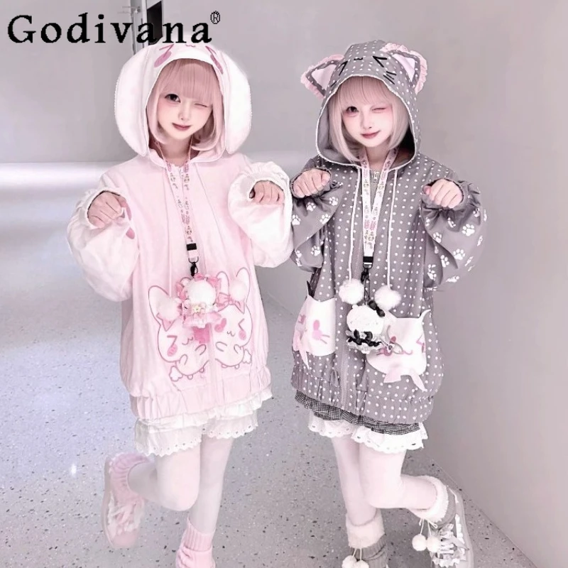 

Original Japanese Y2k Hooded Jacket for Women Spring New Subculture Kawaii Cartoon Polka Dot Print Oversize Sweatshirts Coats